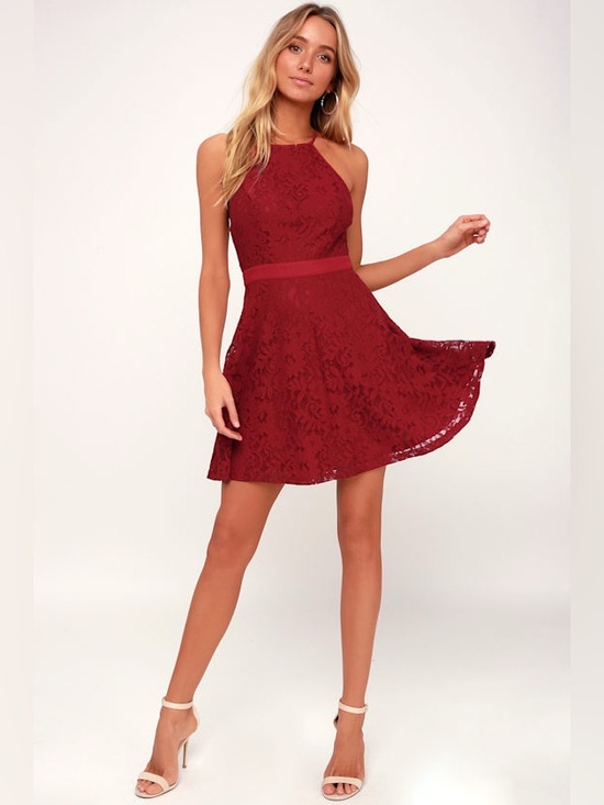 Lulus Dresses & Skirts - NEW Lulus lace Halter Skater Dress in Wine Red small